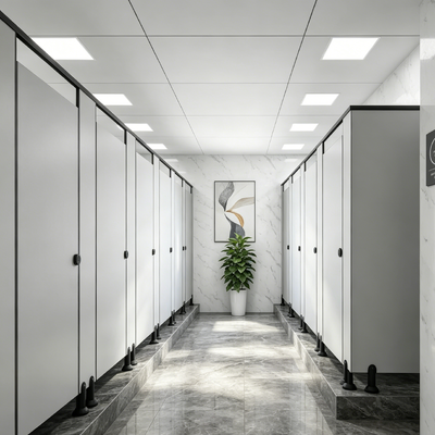 White / Gray HPL Toilet Cubicle Partition Modern Commercial Restroom Stall Dividers With Plastic Accessories