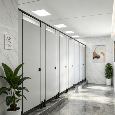 White / Gray HPL Toilet Cubicle Partition Modern Commercial Restroom Stall Dividers With Plastic Accessories