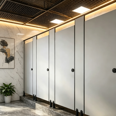 White / Gray HPL Toilet Cubicle Partition Modern Commercial Restroom Stall Dividers With Plastic Accessories