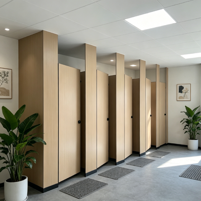 Wood Grain Toilet Partition Systems Moisture Resistant Public Restroom Stall Dividers Fireproof