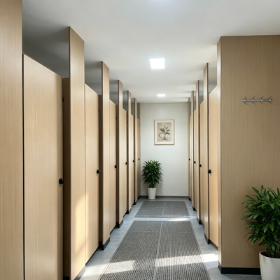 Wood Grain Toilet Partition Systems Moisture Resistant Public Restroom Stall Dividers Fireproof