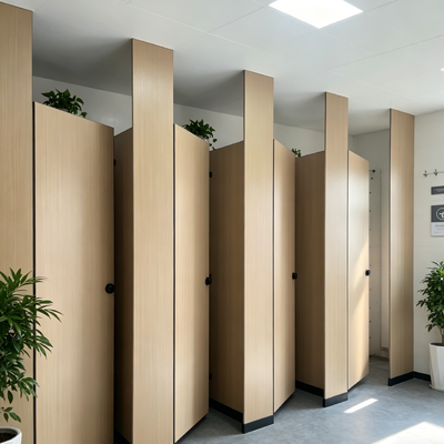 Wood Grain Toilet Partition Systems Moisture Resistant Public Restroom Stall Dividers Fireproof