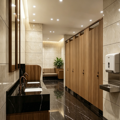 Wood Grain HPL Partition Luxury Commercial Restroom Stalls With Metal Fittings