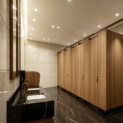 Wood Grain HPL Partition Luxury Commercial Restroom Stalls With Metal Fittings