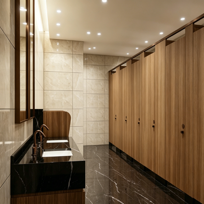 Wood Grain HPL Partition Luxury Commercial Restroom Stalls With Metal Fittings