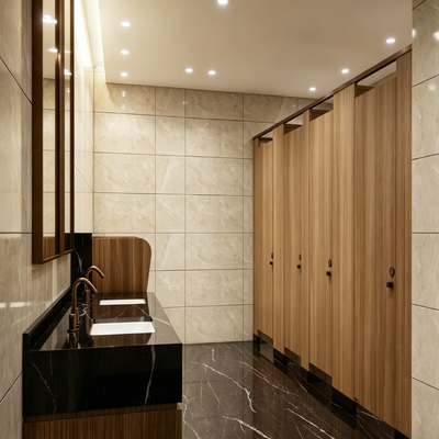 Wood Grain HPL Partition Luxury Commercial Restroom Stalls With Metal Fittings