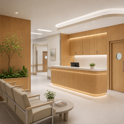 Custom Hospital Interior Design  HPL Compact Panel Wall Cladding, Nursing Station & Patient Ward Furnishing Solutions