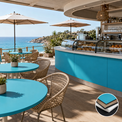 Outdoor Compact Laminate Board Weatherproof HPL Tabletop Panel Teak Wood Grain Phenolic Resin Board For Resort Poolside Dining Table Outdoor Kitchen Cabinet Countertop