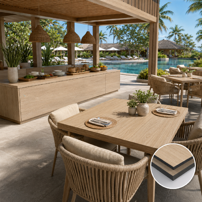 Outdoor Compact Laminate Board Weatherproof HPL Tabletop Panel Teak Wood Grain Phenolic Resin Board For Resort Poolside Dining Table Outdoor Kitchen Cabinet Countertop