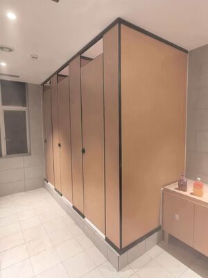 HPL Compact Toilet Cubicle Partition, Wood Grain Phenolic Panel for Office, School, Mall Restroom