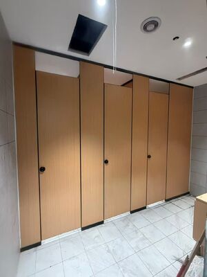 HPL Compact Toilet Cubicle Partition, Wood Grain Phenolic Panel for Office, School, Mall Restroom