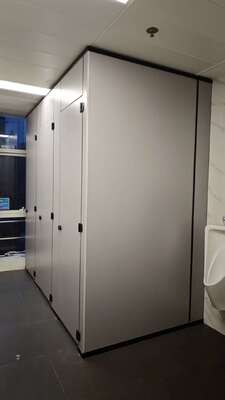 Compact Laminate Toilet Partitions for Office Building Washrooms | Commercial Toilet Cubicles