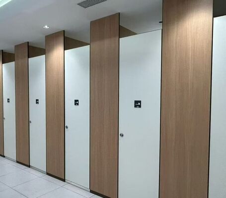 Color matching phenolic toilet stall partition, wood grain panel and white door, public restroom cubicle