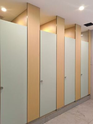 Color matching phenolic toilet stall partition, wood grain panel and white door, public restroom cubicle
