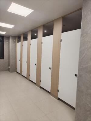 Color matching phenolic toilet stall partition, wood grain panel and white door, public restroom cubicle