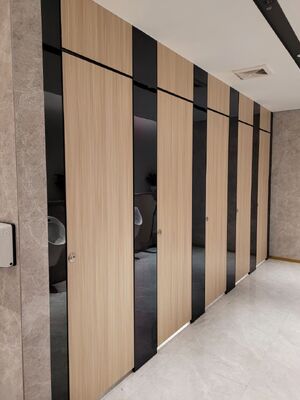 Modern Contrast Color Restroom Stall | High Gloss Metal Frame Wood Grain Compact HPL Toilet Partition